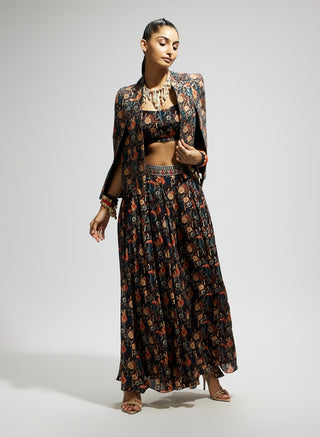 Black jaal embellished cape and skirt set