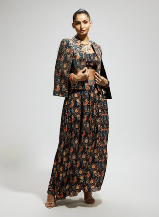 Black jaal embellished cape and skirt set