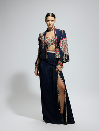 Blue threadwork cape with bustier and high slit skirt