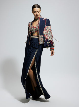 Blue threadwork cape with bustier and high slit skirt