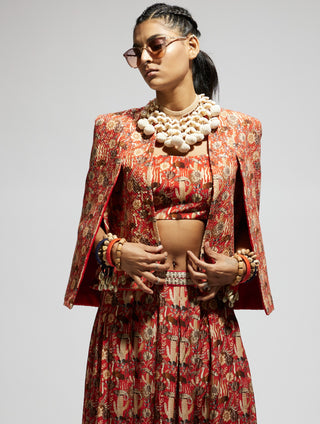 Orange jaal heavily embellished cape and skirt set