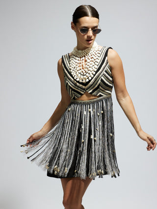 Sva By Sonam And Paras Modi Black Silk Fringe Mini Dress available on indiaspopup