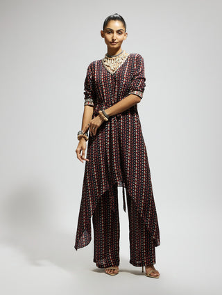 Blue boho print front tie up tunic and pants