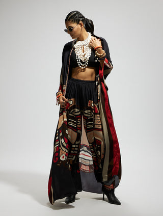 Black silk open kaftan and pants