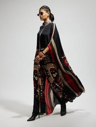 Black silk open kaftan and pants