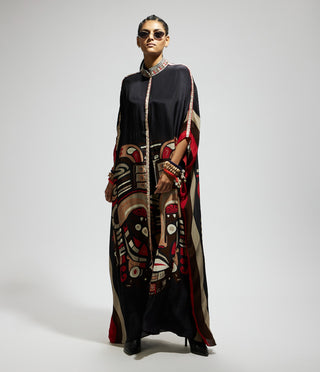 Black silk open kaftan and pants