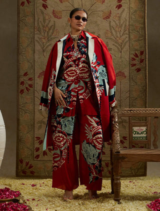 Red mask print trench coat