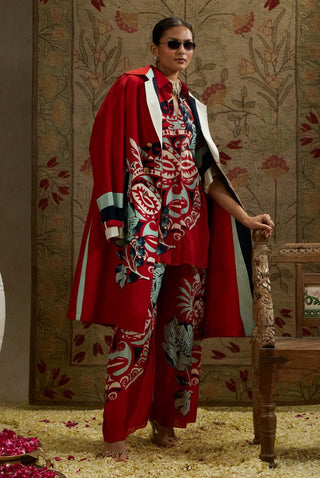 Sva By Sonam And Paras Modi Red Mask Print Trench Coat available on indiaspopup