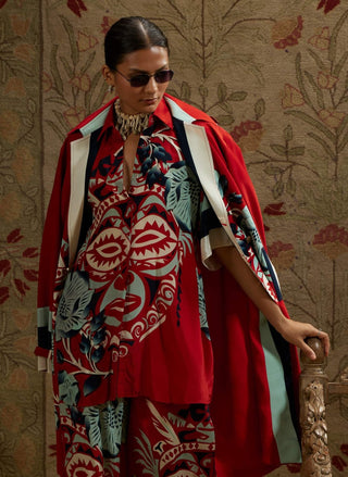 Red mask print trench coat