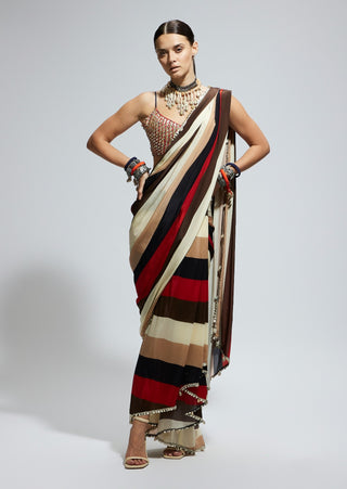 Sva By Sonam And Paras Modi Multicolor Samsara Stripe Print Cascade Sari And Bustier available on indiaspopup