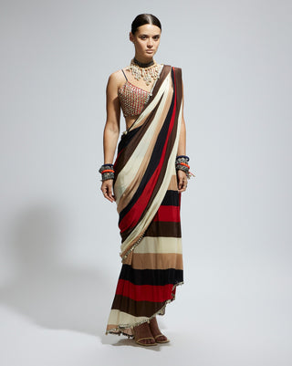 Multicolor samsara stripe print cascade sari and bustier