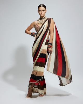 Multicolor samsara stripe print cascade sari and bustier