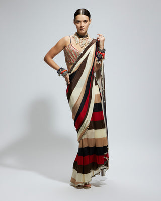 Multicolor samsara stripe print cascade sari and bustier