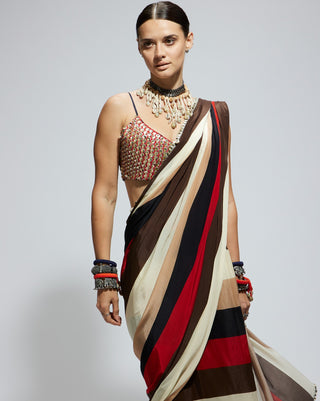 Sva By Sonam And Paras Modi Multicolor Samsara Stripe Print Cascade Sari And Bustier available on indiaspopup