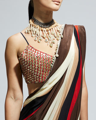 Multicolor samsara stripe print cascade sari and bustier