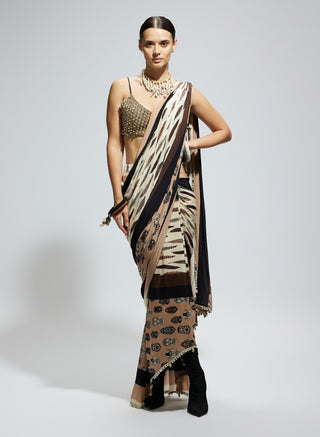 Ivory black feather print cascade sari and bustier