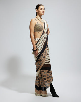 Ivory black feather print cascade sari and bustier