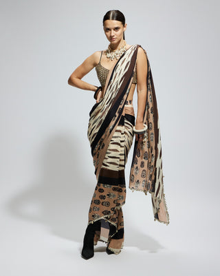 Ivory black feather print cascade sari and bustier