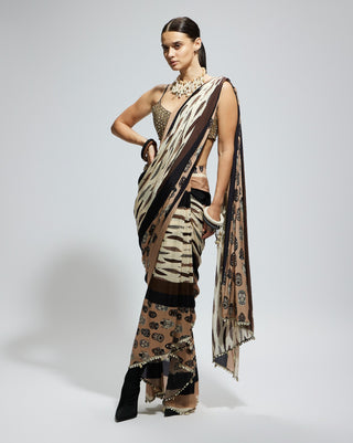 Ivory black feather print cascade sari and bustier