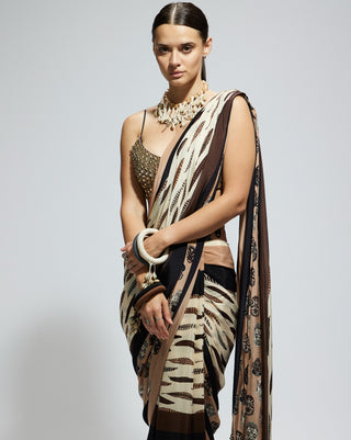 Ivory black feather print cascade sari and bustier