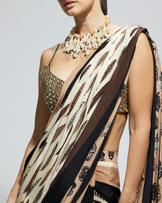 Ivory black feather print cascade sari and bustier