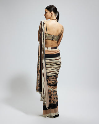 Ivory black feather print cascade sari and bustier