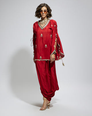 Sva By Sonam And Paras Modi Red Terracotta Embellished Cape Top And Drape Skirt available on indiaspopup