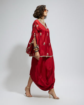 Red terracotta embellished cape top and drape skirt