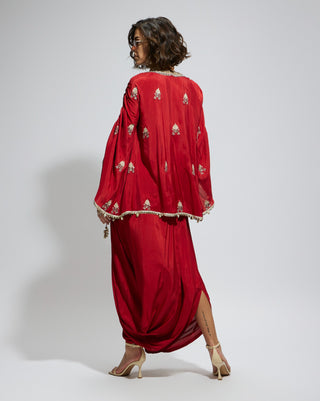 Red terracotta embellished cape top and drape skirt