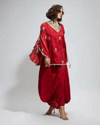 Red terracotta embellished cape top and drape skirt