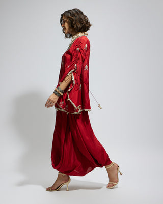 Red terracotta embellished cape top and drape skirt