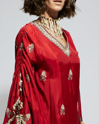 Red terracotta embellished cape top and drape skirt