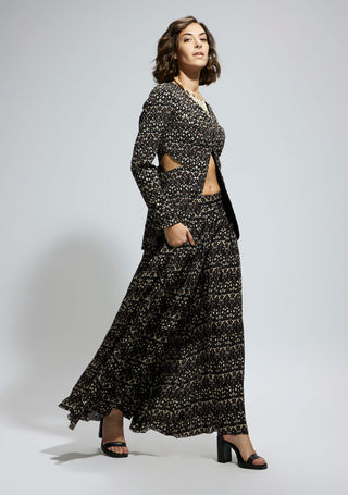 Sva By Sonam And Paras Modi Black Embellished Jacket And Printed Flared Pants available on indiaspopup