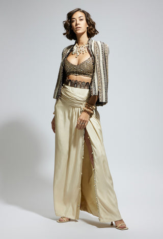 Ivory silk embellished cape and slit skirt set