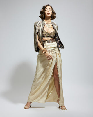 Ivory silk embellished cape and slit skirt set