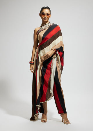 Sva By Sonam And Paras Modi Multi Samsara Stripe Print One Shoulder Drape And Pants available on indiaspopup