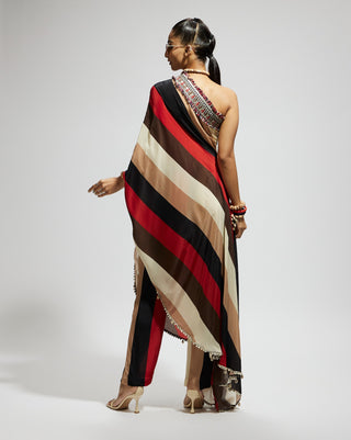 Sva By Sonam And Paras Modi Multi Samsara Stripe Print One Shoulder Drape And Pants available on indiaspopup