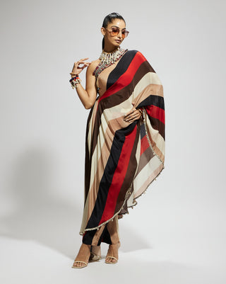 Multi samsara stripe print one shoulder drape and pants