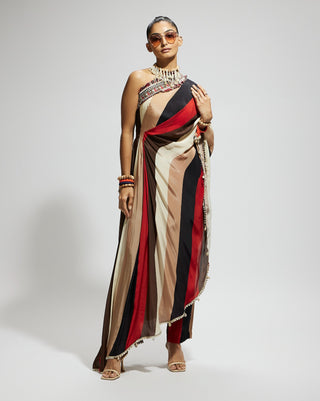 Sva By Sonam And Paras Modi Multi Samsara Stripe Print One Shoulder Drape And Pants available on indiaspopup