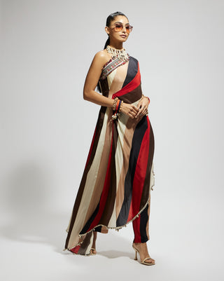 Sva By Sonam And Paras Modi Multi Samsara Stripe Print One Shoulder Drape And Pants available on indiaspopup