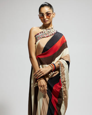 Sva By Sonam And Paras Modi Multi Samsara Stripe Print One Shoulder Drape And Pants available on indiaspopup