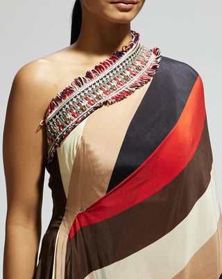 Sva By Sonam And Paras Modi Multi Samsara Stripe Print One Shoulder Drape And Pants available on indiaspopup