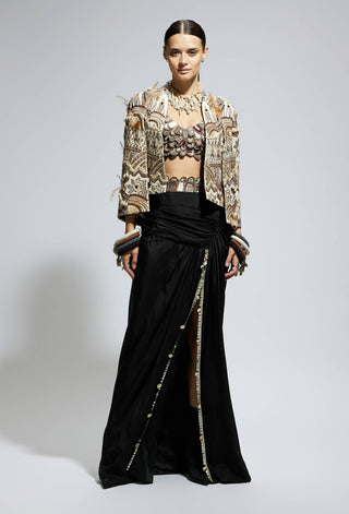 Black silk ivory feather cape jacket and skirt set