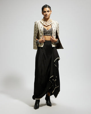 Sva By Sonam And Paras Modi Ivory Black Embellished Cape And Drape Skirt Set available on indiaspopup