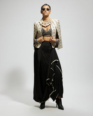 Ivory black embellished cape and drape skirt set