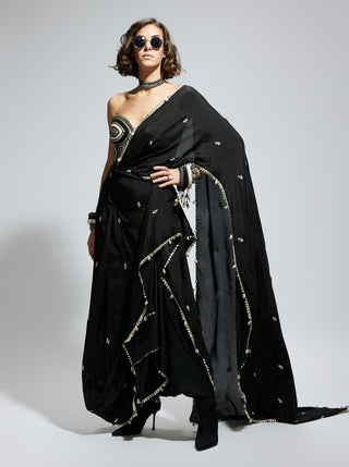 Sva By Sonam And Paras Modi Black Silk Threadwork Corset And Sari available on indiaspopup