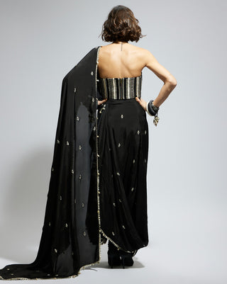 Sva By Sonam And Paras Modi Black Silk Threadwork Corset And Sari available on indiaspopup