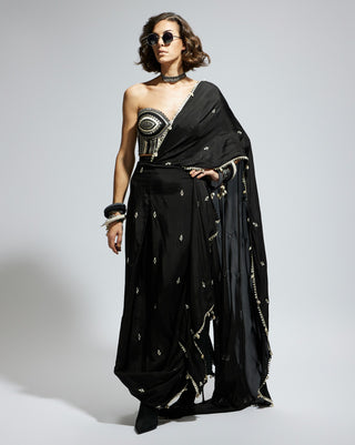 Black silk threadwork corset and sari