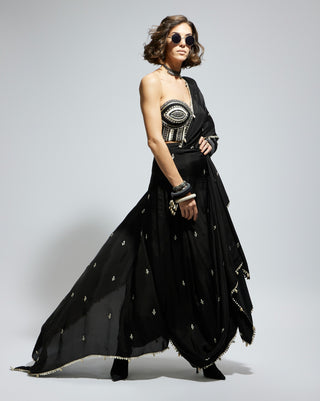 Black silk threadwork corset and sari