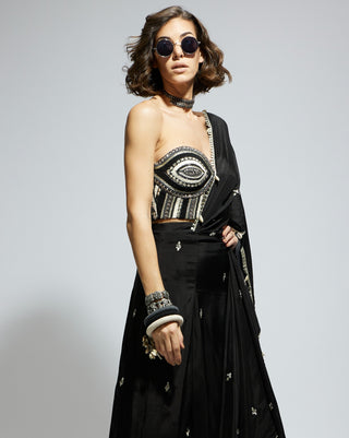 Black silk threadwork corset and sari